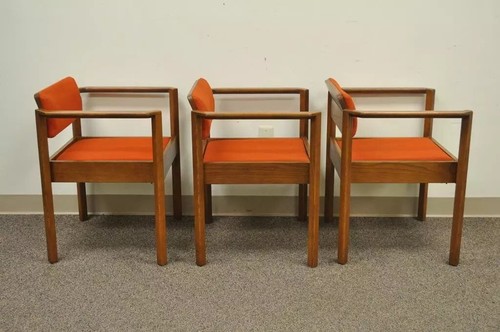 Vintage Kimball Mid Century Modern Oak Stacking Dining Arm Chairs - Set of 3 - Picture 5 of 12