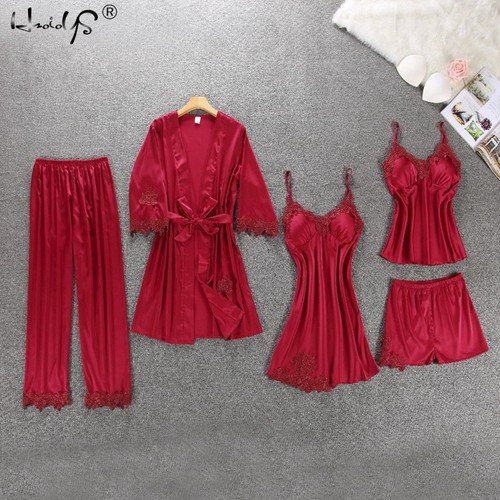 Pijama de mujer 5 piezas satinado ropa de dormir pijama seda ropa para el hogar bordado dormir pijama - Imagen 13 de 33