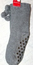 Christmas Stocking Stuffer Women's Gray Cable Knit Slipper Socks w/ Pom-Pom