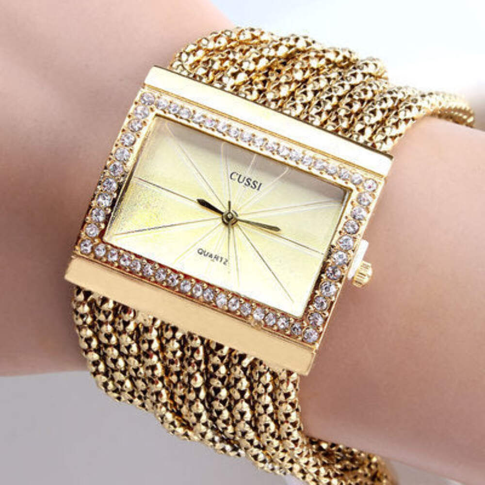 Square Alloy Rhinestone Quartz Watch with World Time Feature