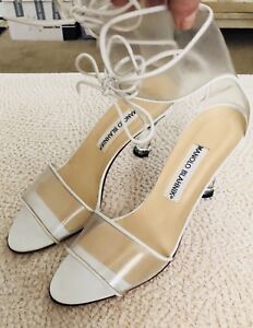 Manolo Blahnik Clear Lucite with White Trim ~ Lace Up Sandals with Heel ...