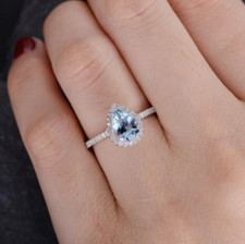 2.50Ct Aquamarine Color Pear Simulated CZ Halo Wedding 925 Sterling Silver Ring