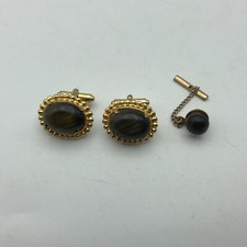 Tigers Eye Cufflinks + Pin Tie Tac w/Chain Brass Tone Metal Vintage Set Classy