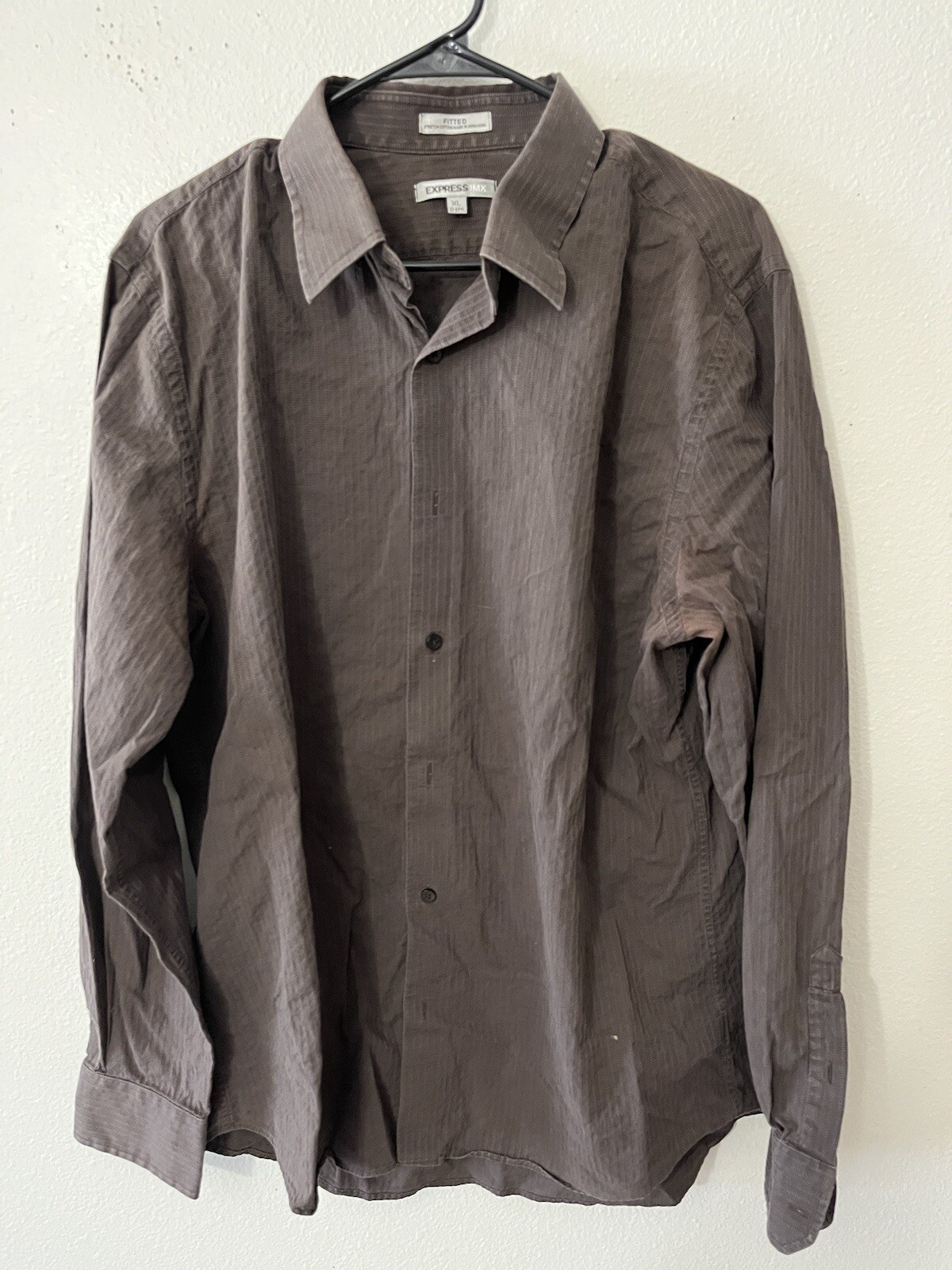 Express 1MX Fitted Solid Button Shirt Brown Strip… - image 1