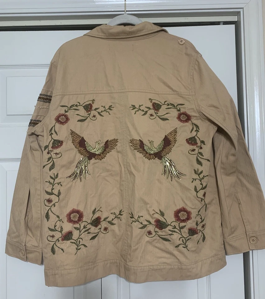 Colleen Lopez Denim Jacket Womens XL Khaki Embroidered Birds Sequins Flowers - Image 2 of 4