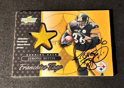 2001 Score Select Jerome Bettis Franchise Tags Game Used Relic Auto 28/50