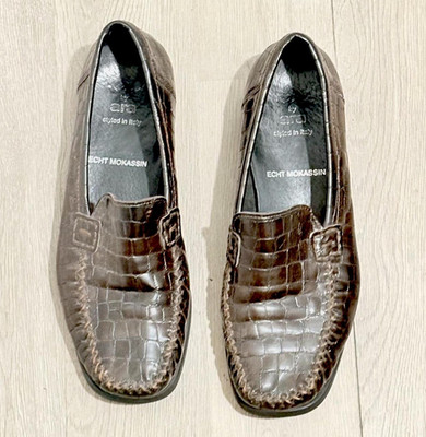 ara Men s Dress Loafers Brown Croc Leather Slip-On Square Toe Buckle US 6