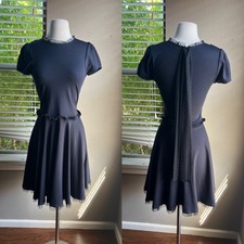 RED Valentino Spa Dress Small Blue Fit Flare Sheer Mesh Trim Polka Dot Tie Bow 