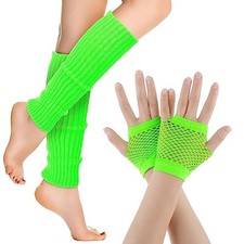 Yolev Neon Leg Warmers and Fishnet Gloves Set 80s Fancy Dress Costume Green