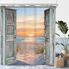 Beach Shower Curtain 72Wx72H Inch Blue Ocean Barn Door Seaside Sea Beachy Coa...