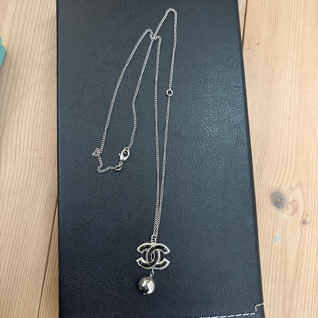 Chanel CC Logo Bell Pendant Necklace Silver Metal Chain Used
