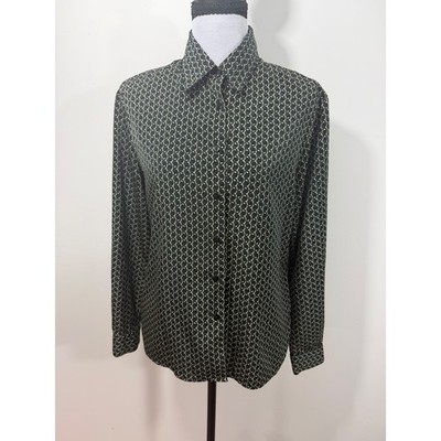 Notations Womens Green Black Geometric Chain Link Button Down Blouse Small