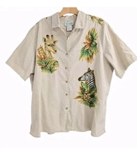 The Quacker Factory Shirt Size 1X Linen/ Cotton Tan Giraffe Zebra Tiger Animal