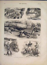 Original Old Antique Print Angling Fishing Nova Scotia Fish River Canoe 1877