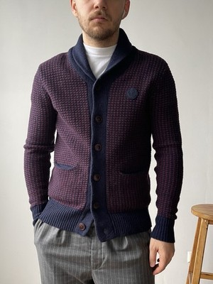 Fred Perry Two Tone Waffle Shawl Navy Red Wool Cardigan size M
