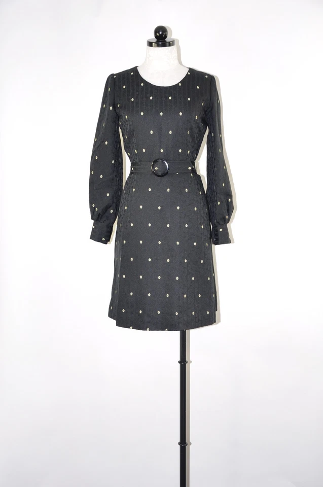 60s Vintage Black Floral Damask Jacquard Poet Sleeve Belted Shift Dress Women S - Image 3 of 4
