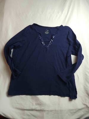 White Stag Tee Shirt Women Size 2X 18W/20W Navy Blue Beaded Sequins Long Sleeve