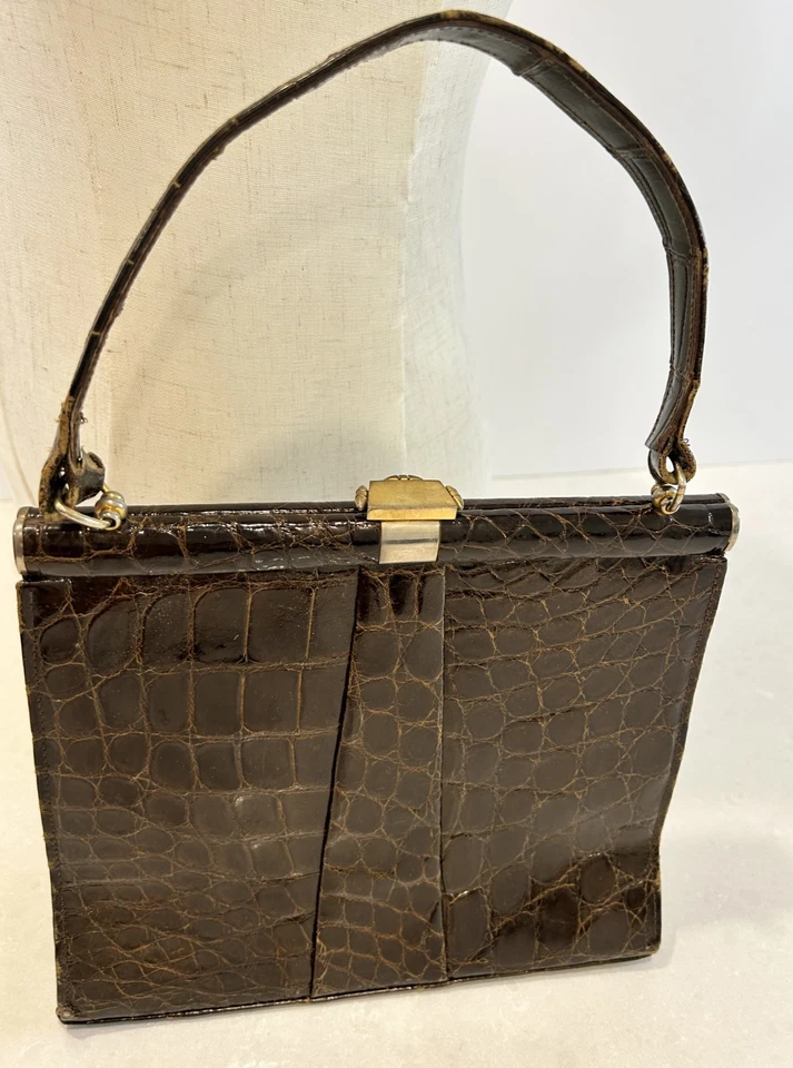 Bolso de mano vintage años 50 Mantessa imitación cocodrilo marrón cierre de latón asa superior cartera Foto 4 de 4