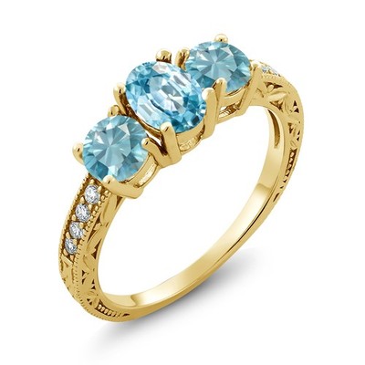 3.07ct Oval Blue Zircon 18K Yellow Gold Plated Silver Moissanite Ring