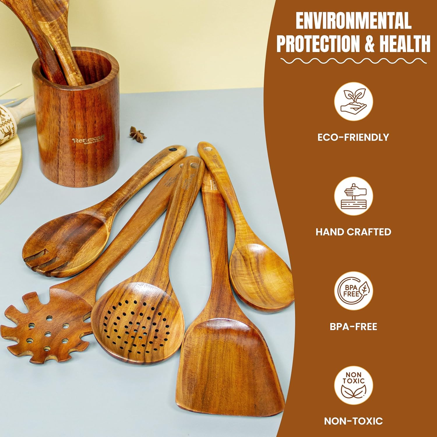 Wooden Spoons for Cooking Utensils Set - 9 Pcs Natural Teak Wooden Kitchen Utens