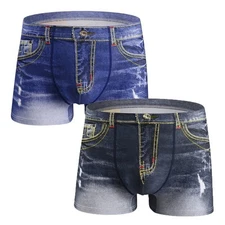 Sexy Mens Smooth Shorts Fake Denim Jean Printed Boxer Briefs Underwear Trunks US