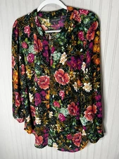Bold Elements Shirt Womens 1X Black Floral Button Front Long Sleeve Blouse