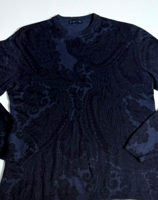 ETRO Men's Navy-Blue Paisley Patterned Breathable Merino Wool Sweater Size M 48