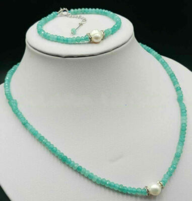 Natural 2x4mm Faceted Aquamarine & 9-10mm White Pearl Necklace Bracelet Set 18''