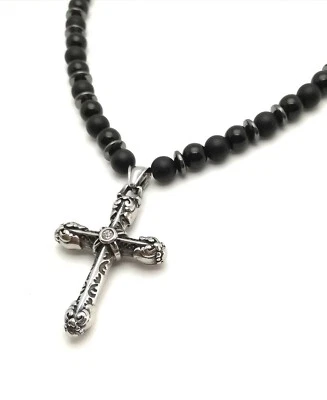 Herren Halskette Edelstahl 316L Anhänger Kreuz Schwarze Onyx 8mm Kreuzkette - Bild 1 von 4