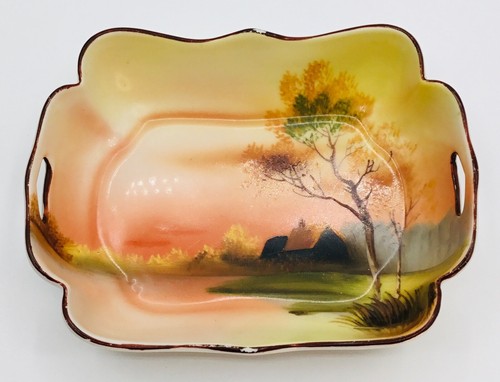 Plato Noritake M pintado a mano Sm festoneado borde dorado puesta de sol casa árbol lago Japón - Imagen 3 de 14