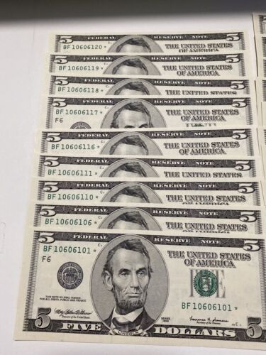 Error Ink 20 of Cons 1999 $5 Dollar TRINARY STAR NOTES 10606101/10/1/6 UNC Rare! - Picture 2 of 7