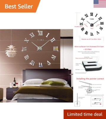 3D DIY Mirror Wall Clock - Art Deco Style - Large Display - Adjustable Size