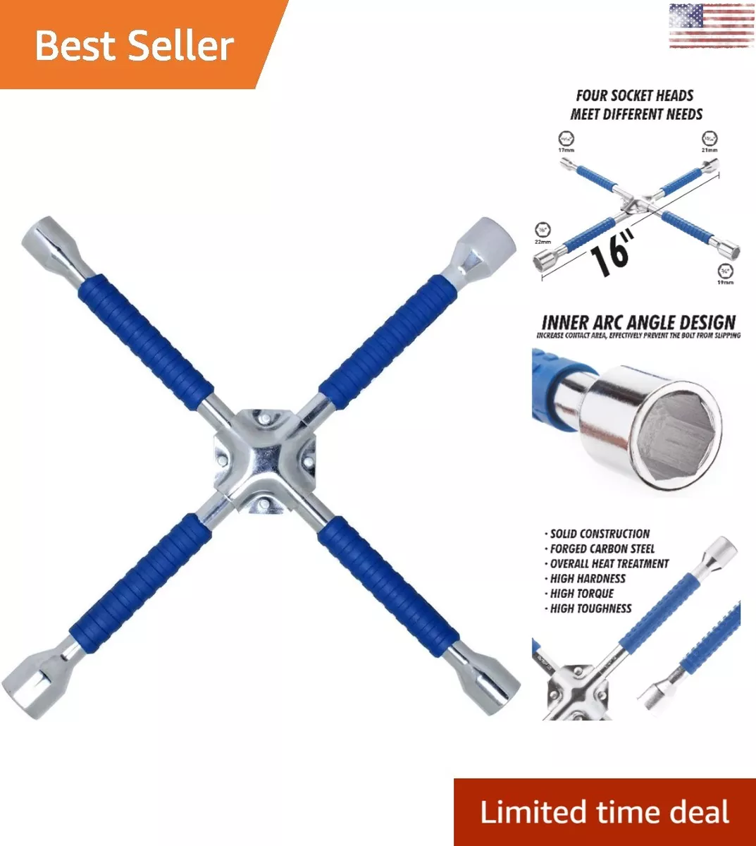 Heavy Duty Universal Lug Wrench Non Slip 4 Way Tire Iron Wrench