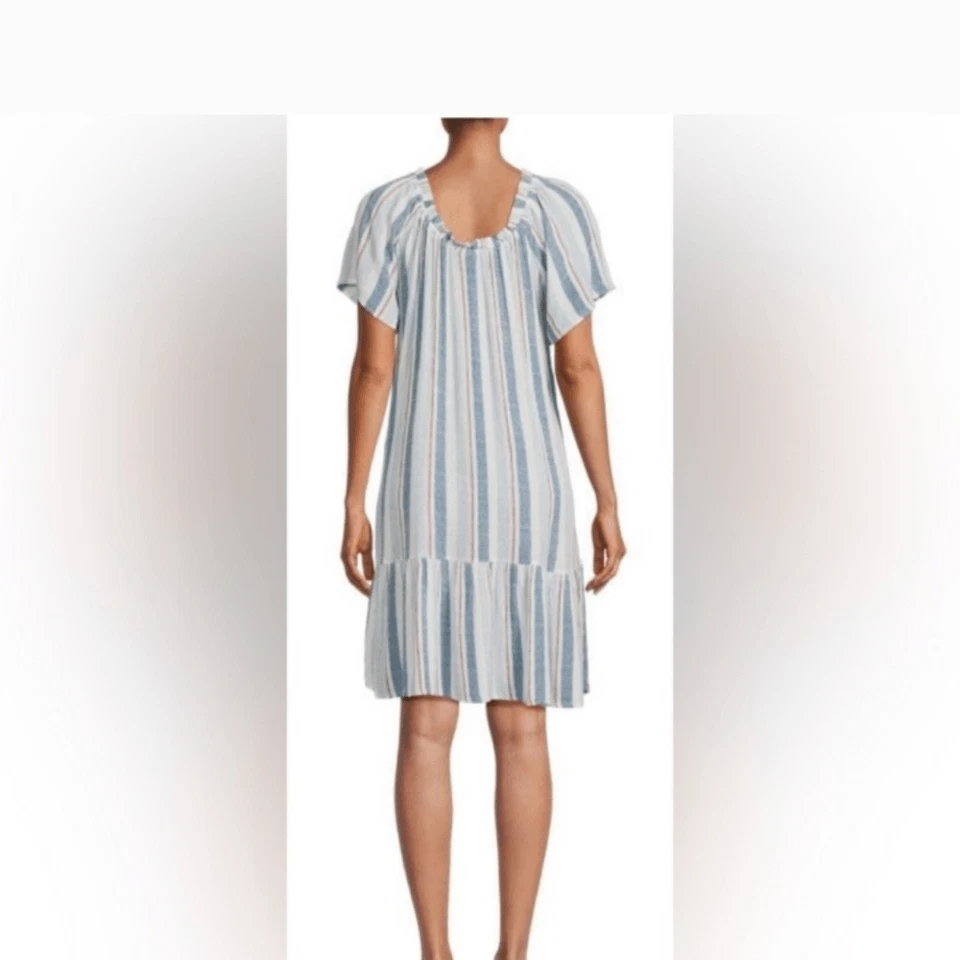 Vestido para mujer Bobeau azul lino a rayas cuello redondo manga corta talla XL NUEVO CON ETIQUETAS Foto 2 de 4