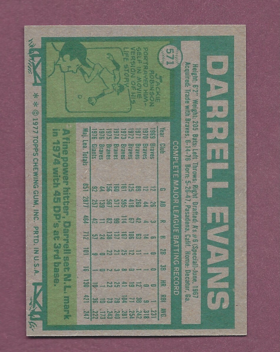 RAZOR SHARP CLEAN 1977 TOPPS #571 DARRELL EVANS   .99 SHIP N780