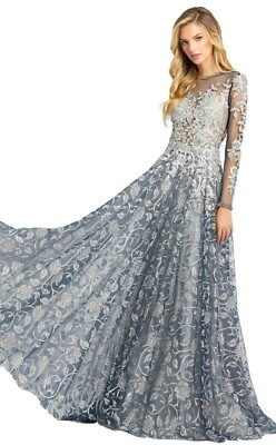 Pailletten Blumen Illusion Langarm A-Linie Kleid MAC DUGGAL12233 Größe 8 