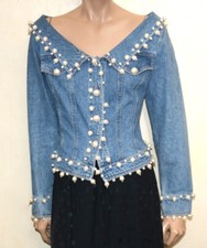 Donna Karan Denim And Pearls Vintage Embellished Jacket 8 Dkny Vintage