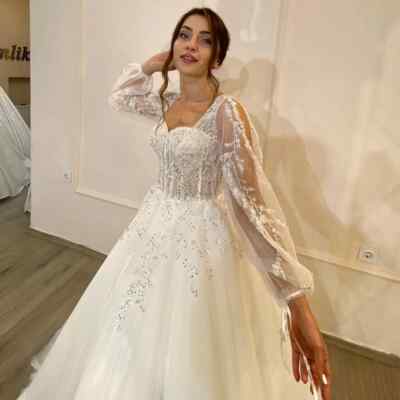 Elegant A-Line Wedding Dresses Square Neck Puff Sleeve Lace Applique Bridal  Gown | eBay