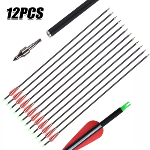 12PK Archery 30" Carbon Arrows SP500 Hunting Arrowheads for Compound Recurve Bow - Picture 10 of 19