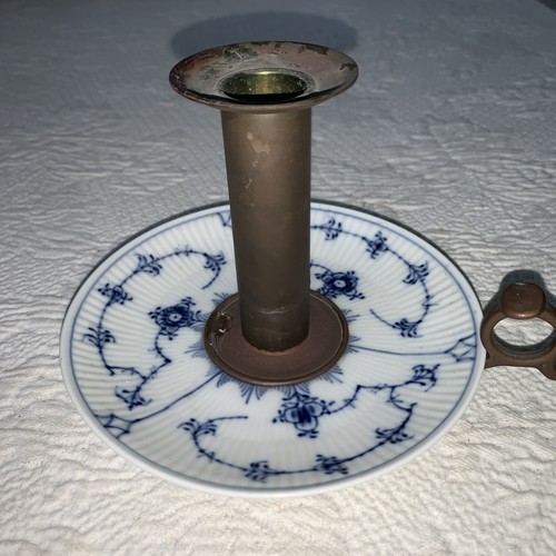 Royal Copenhagen Blue Fluted Candle Holder Brass Porcelain Chamber Stick Vintage - Picture 3 of 5