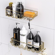Adhesive Shower Caddy: 2 Bonus Hooks, 4-Pack Wall Mounted Bathroom Storage Sh...