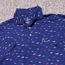 Rhoback Polo Shirt Mens M Blue Navy All Over Shark Print Golf Performance