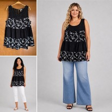Camiseta sin mangas túnica con ojales en capas floral blanca negra Cato 18/20W 1X Boho medios mixtos