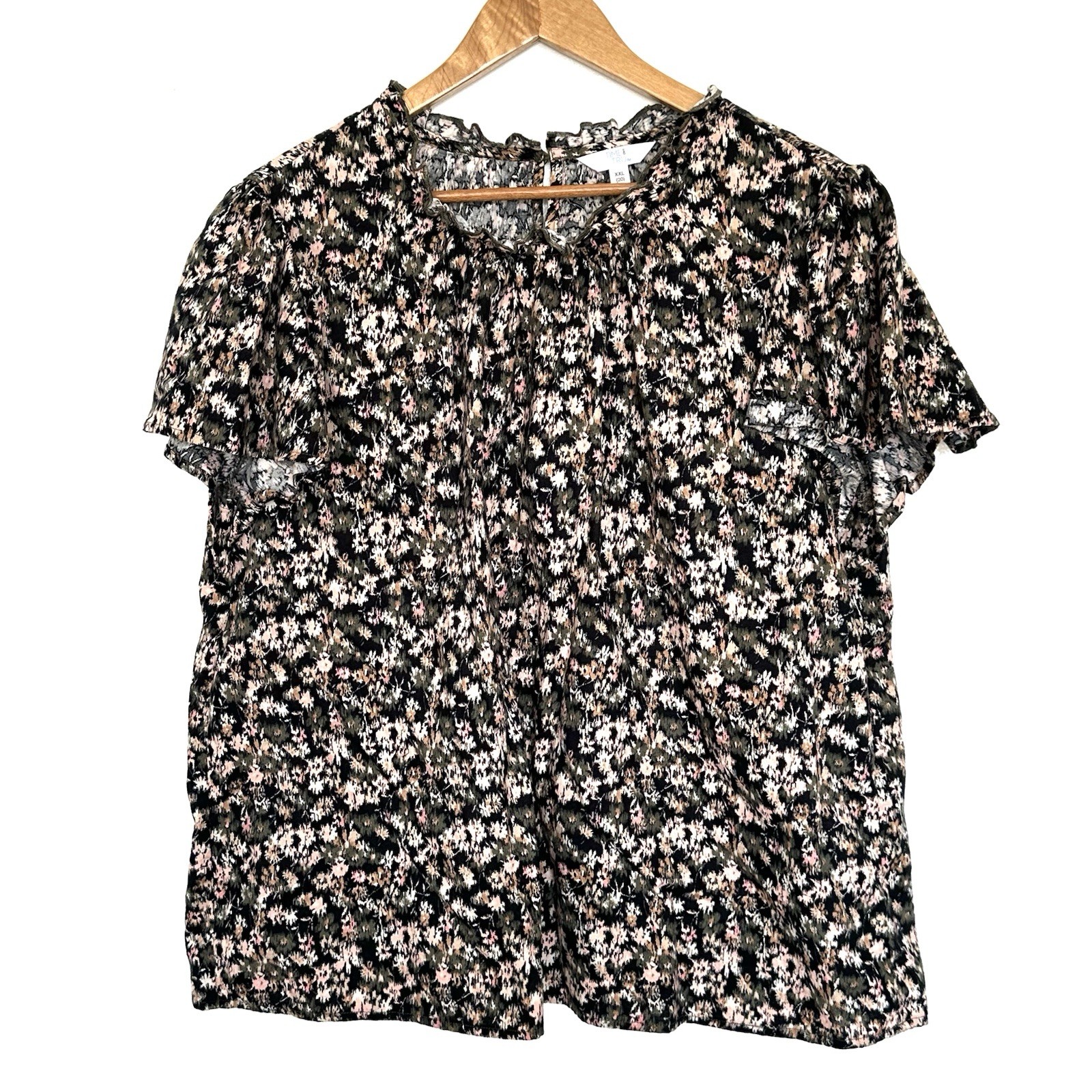 Time And Tru Shirt Women’s XXL Black Floral Cotton Short Sleeve Blouse Top