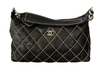 Chanel Vintage Surpique Black Leather Hobo Bag Gold Hardware Made in Italy