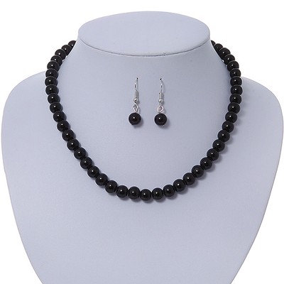 Glasperlen Halskette & Ohrhänger Set in Silber Metall/Schwarz - 38 cm L/4 cm Ext