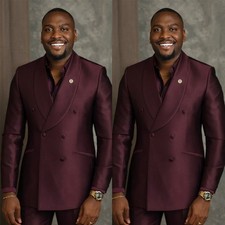 Burgundy Satin Men's Suit Fashion Wedding Tuxedos Party Prom Two Pieces Slim Fit
