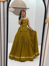 Indian Mustard Pure Cotton Lehenga Choli Set Women Outfit Mirror Work Party Wear
