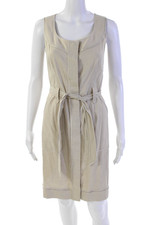 Elie Tahari Womens Linen Buttoned Sleeveless Waist Tied Dress Beige Size 4