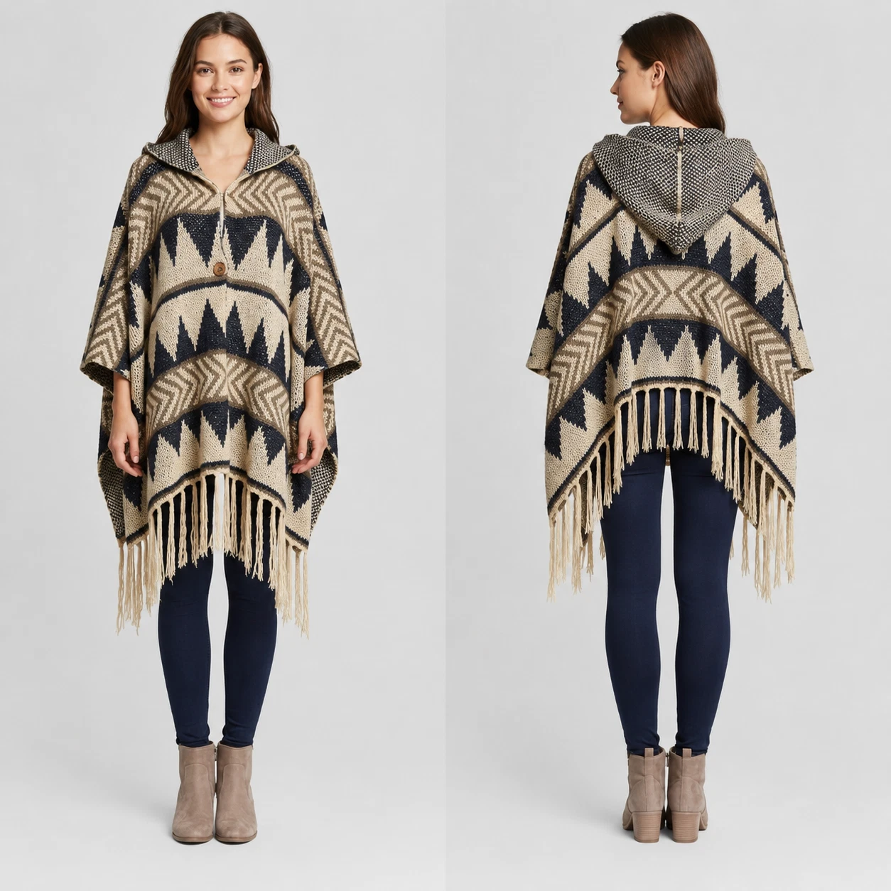 Woven Heart Poncho Womens S Beige Hooded Fringe Southwestern Knit Boho Tribal